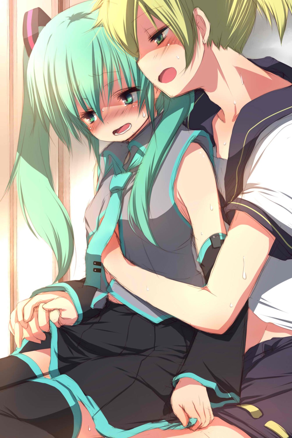 1boy 1girl aqua_eyes aqua_hair blonde_hair blush detached_sleeves female fujisaki_hikari green_eyes groping hatsune_miku hetero highres hug_from_behind kagamine_len long_hair necktie open_mouth rule34 sitting skirt skirt_lift sweat thighhighs twintails vocaloid zettai_ryouiki