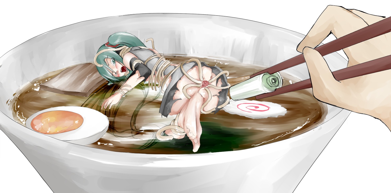 1girl anal barefoot blush bowl chopsticks egg female food green_hair hatsune_miku large_insertion long_hair minigirl noodles object_insertion open_mouth pussy ramen rule34 skirt solo solo_focus spring_onion tagme tears tentacles twintails vocaloid