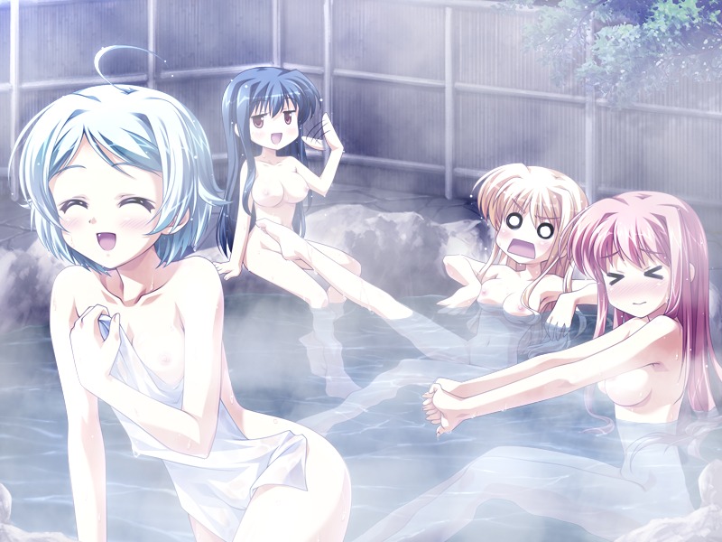 ahoge bath blonde_hair blue_hair blush breasts female game_cg hayakawa_natsuo iwanami_chika nagisano night nipples nude onsen red_eyes red_hair rule34 sawaki_mimori smile steam towel water wet yagyuu_aoi