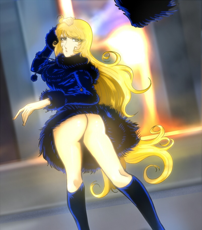 1girls 2011 ass blonde_hair breasts female fur_trim galaxy_express_999 green_eyes hat kanai_makoto_(kanaman7) large_breasts leijiverse light-skinned_female light_skin long_hair maetel nopan rule34