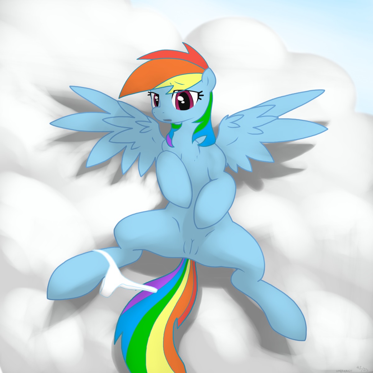 1:1 blue_body blue_feathers blue_fur clothed clothing clothing_around_one_leg cloud cymek e621 equid equine feathered_wings feathers female feral friendship_is_magic fur genitals hair hasbro hi_res lying mammal multicolored_hair multicolored_tail my_little_pony mythological_creature mythological_equine mythology nude on_back outside panties partially_clothed pegasus purple_eyes rainbow_dash_(mlp) rainbow_hair rainbow_tail sky skyscape solo spread_legs spreading tail underwear underwear_around_one_leg underwear_down vulva wings