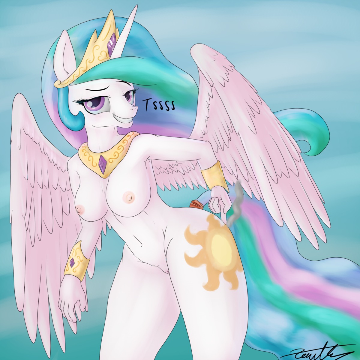1:1 anthro anthrofied bedroom_eyes biped blush breasts clitoris crown crown_only cutie_mark e621 equid equine feathered_wings feathers female fingers friendship_is_magic fur genitals gold_(metal) gold_crown gold_jewelry gold_necklace gold_tiara hair half-closed_eyes hasbro headgear headgear_only hi_res horn jewelry jewelry_only long_hair looking_at_viewer mammal multicolored_hair my_little_pony mythological_creature mythological_equine mythology narrowed_eyes navel necklace necklace_only nipples nude outdoor_nudity outside pink_eyes portrait princess_celestia_(mlp) seductive smile smoke solo standing tail tail_wraps three-quarter_portrait tiara tiara_only vulva white_body white_feathers white_fur winged_unicorn wings wraps xanthor