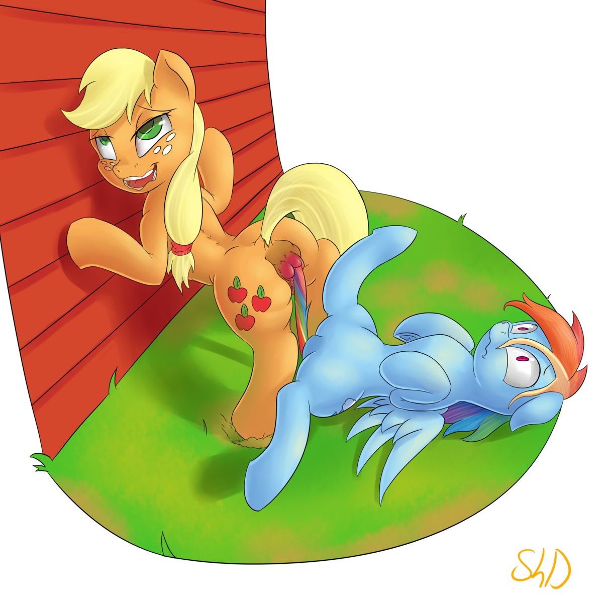 1:1 2014 absurd_res anal_prolapse anus applejack_(mlp) blonde_hair blue_body blue_feathers blue_fur butt cutie_mark duo e621 earth_pony equid equine feathered_wings feathers female female/female feral freckles friendship_is_magic fur green_eyes hair hasbro hi_res horse lying mammal multicolored_hair multicolored_tail my_little_pony mythological_creature mythological_equine mythology on_back orange_body orange_fur outside pegasus pony prolapse purple_eyes rainbow_dash_(mlp) rainbow_hair rainbow_tail shdingo tail wings