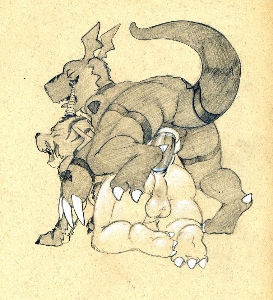 2_toes 3_toes all_fours anal anal_penetration animal_genitalia anthro anus backsack balls bandai_namco black_nose bodily_fluids butt claws condom cum cum_in_ass cum_inside digimon digimon_(species) doggystyle duo e621 erection eyes_closed feet from_behind_position gabumon genital_fluids genital_slit genitals guilmon hindpaw horn looking_pleasured male male/male male_penetrated male_penetrating male_penetrating_male markings moan monochrome nude open_mouth paws penetration penis plantigrade safe_sex scalie sepia sex sexual_barrier_device simple_background soles tail thick_tail toe_claws toes tongue tongue_out top_hole tush_(artist) wearing_condom
