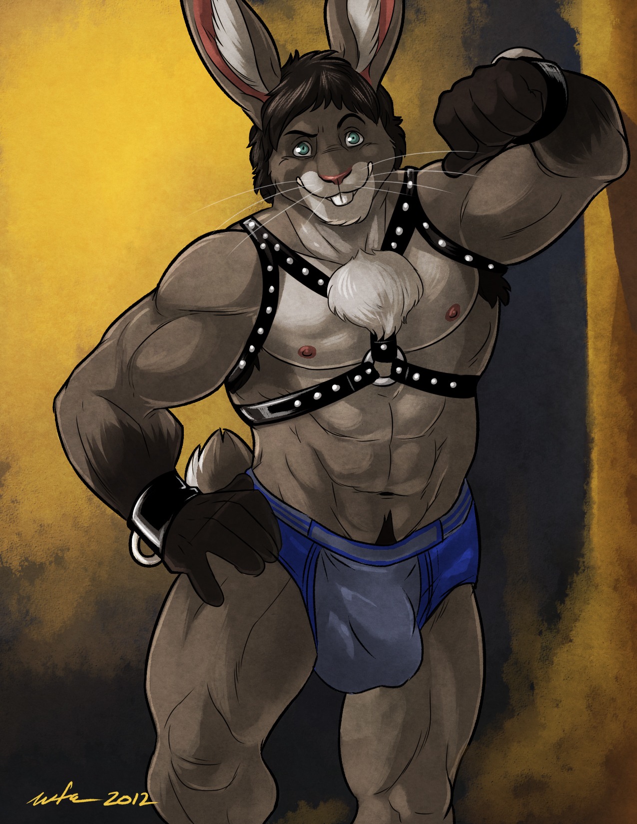 2012 abs anthro armpit_hair biceps big_muscles body_hair bondage_gear briefs bulge chest_tuft clothing e621 fur grin harness hi_res kayin_mccloud lagomorph leather leporid looking_at_viewer male mammal muscular muscular_anthro muscular_male pecs pose rabbit smile solo tuft underwear wfa