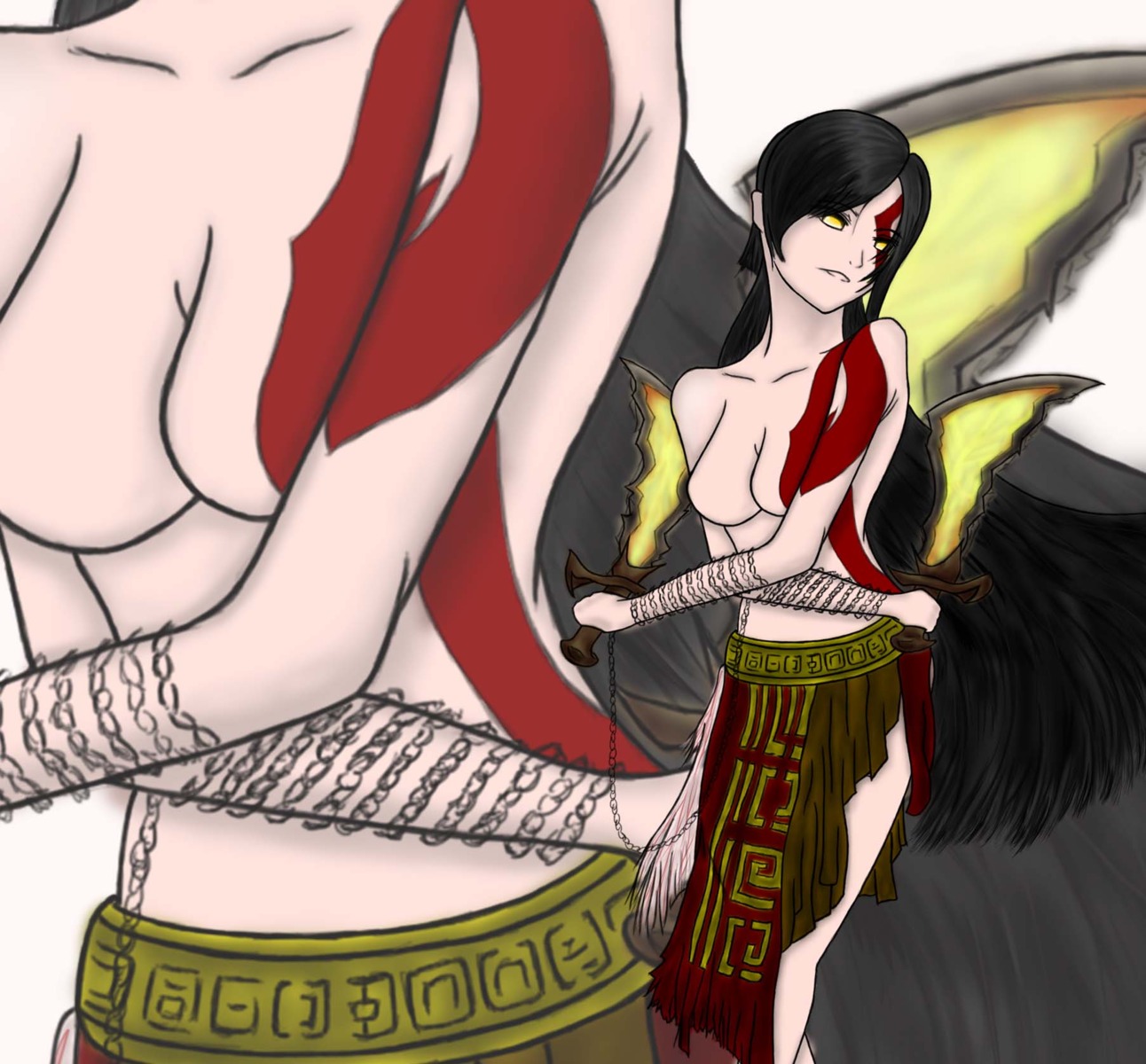 black_hair breasts chain clothes color dual_wielding female female_kratos female_only front_view genderswap genderswap_(mtf) god_of_war hair holding holding_sword kratos open_eyes overhand_grip rule34 rule_63 solo sword topless weapon yellow_eyes