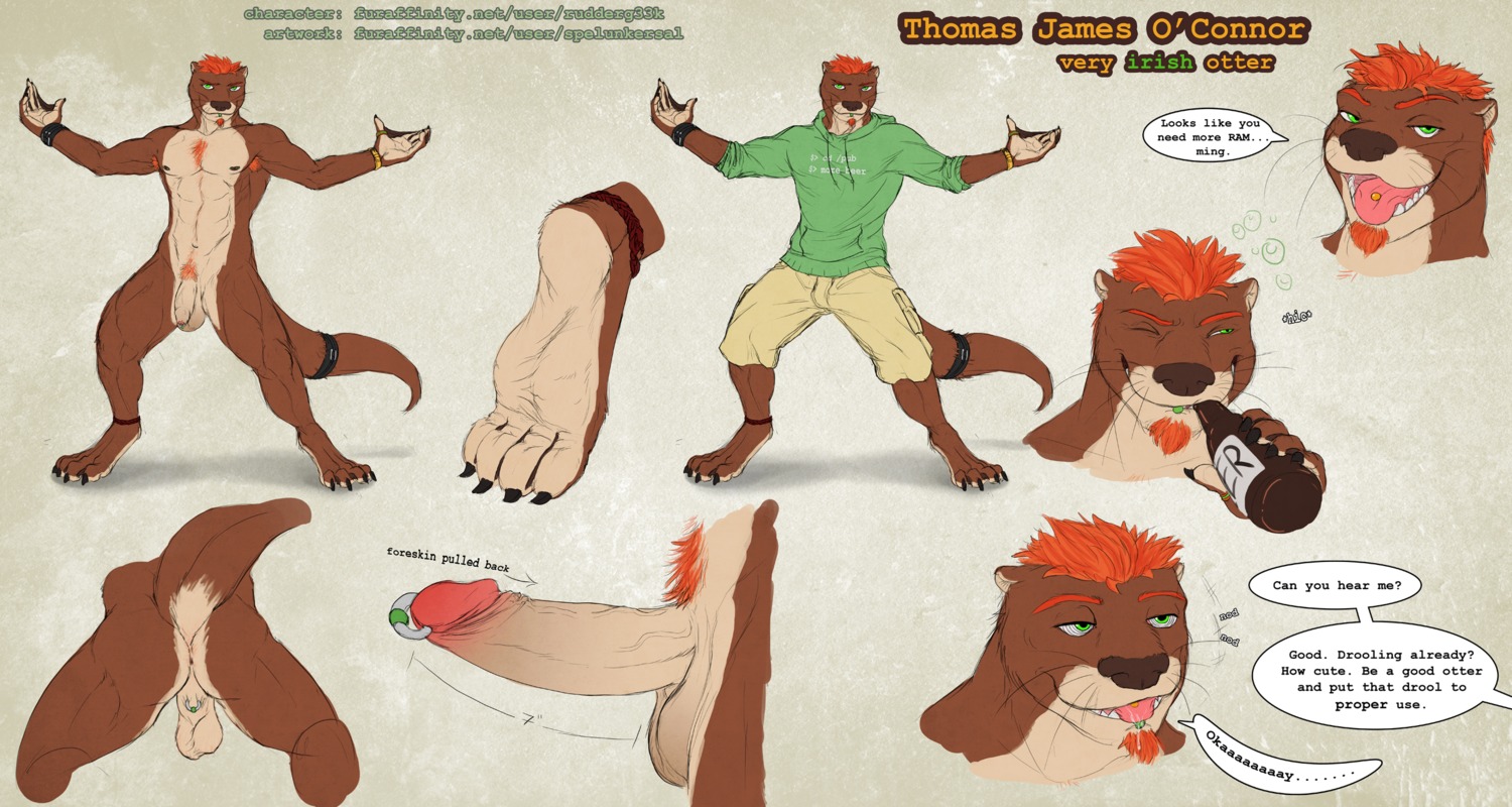 abs accessory alcohol anthro anus armpit_hair backsack balls beer beer_bottle belly beverage biped body_hair bottle bottomwear brown_body brown_fur brown_nose butt cargo_shorts character_name chest_hair claws clothed clothing container dialogue drunk e621 english_text erection eyebrows facial_hair facial_piercing feet flaccid food foreskin front_view fur furgonomics genital_piercing genitals glans goatee green_clothing green_eyes green_hoodie green_topwear guiche_piercing hair half-closed_eyes happy_trail hat hat_only headgear headgear_only headwear headwear_only hi_res hindpaw hoodie humanoid_genitalia humanoid_penis hypnosis irish lip_piercing looking_at_viewer male mammal membrane_(anatomy) mind_control model_sheet mostly_nude muscular muscular_anthro muscular_male mustelid narrowed_eyes navel nipples nude off/on one_eye_closed open_mouth orange_eyebrows orange_hair otter paws pecs penis penis_piercing piercing prince_albert_piercing pubes retracted_foreskin rudderg33k scrotum_piercing shorts solo spelunker_sal spiral spiral_eyes spread_legs spreading standing substance_intoxication sweatshirt tail tail_accessory tailband tan_balls tan_belly tan_body tan_fur teeth text thomas_james_o'connor toes tongue tongue_out tongue_piercing topwear unretracted_foreskin webbed_feet webbed_hands whiskers wink wristband