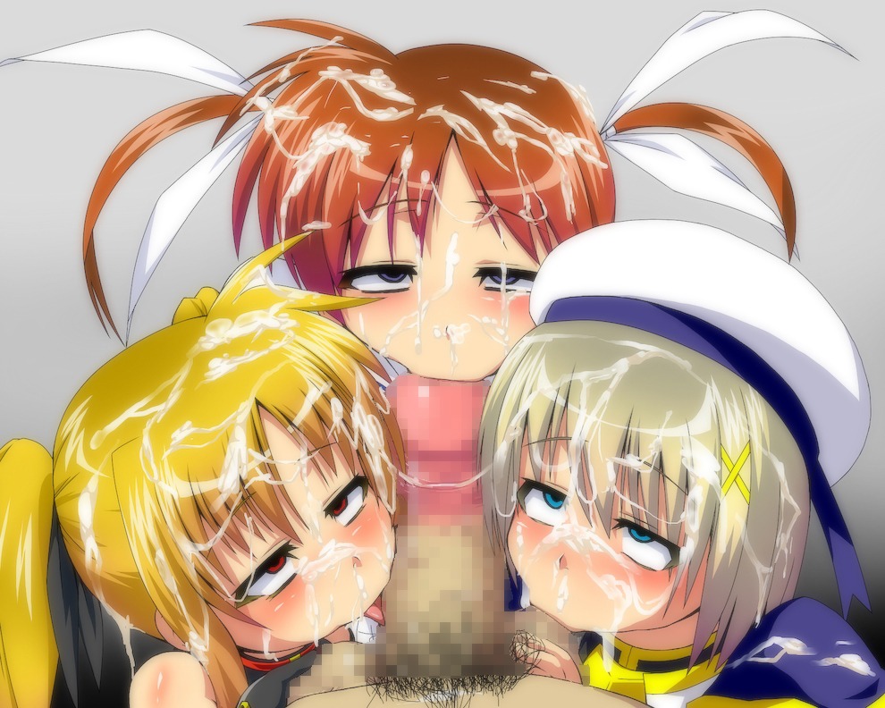 3girls balls balls_sucking blonde_hair blue_eyes censored collaborative_fellatio cum cum_on_clothes cum_on_face cum_on_hair eyes_rolling_back facial fate_testarossa fellatio female hair hayate_yagami licking mahou_shoujo_lyrical_nanoha mahou_shoujo_lyrical_nanoha_a's male multiple_females multiple_girls nanoha_takamachi oral penis pov red_eyes rule34 teamwork triple_facial