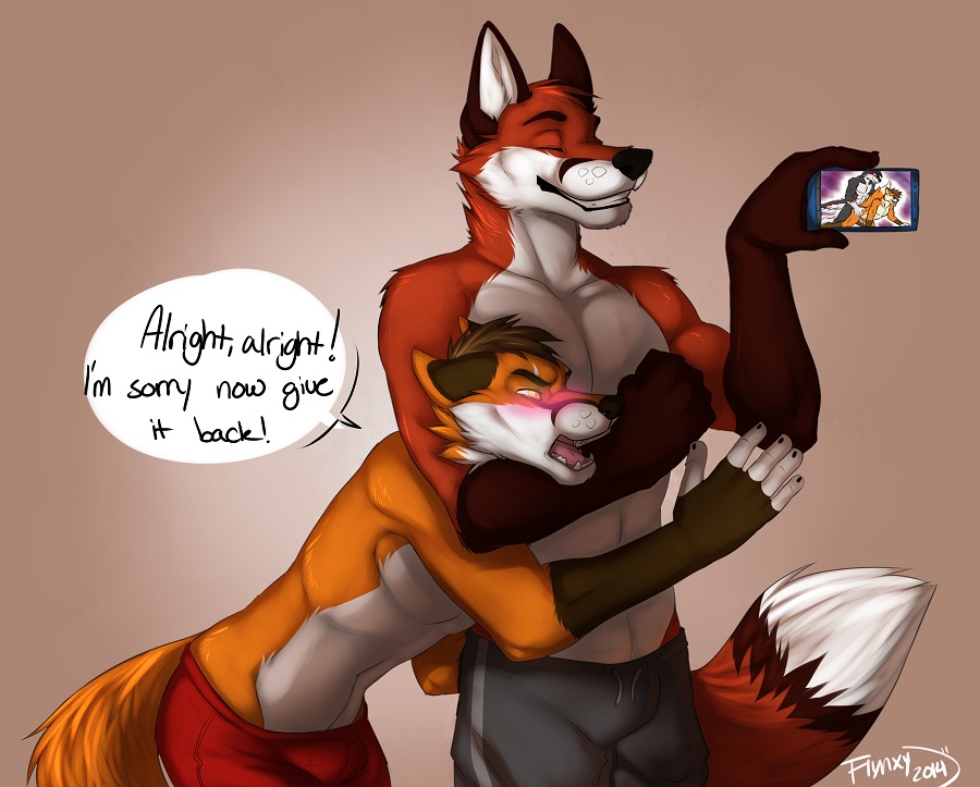 2014 abs anthro arm_tuft biceps big_muscles biped black_body black_fur blackmail blush bottomwear brown_hair bulge canid canine caught_in_the_act cellphone chokehold clothed clothing dan_(aestas) dialogue digital_media_(artwork) duo e621 electronics embarrassed english_text eyes_closed flynx-flink fox from_behind_position front_view fur gloves_(marking) grey_bottomwear grey_clothing grin hair half-length_portrait headlock hip_grab jasonwerefox male male/male mammal markings muscular muscular_male muzzle_scabs neck_tuft open_mouth orange_body orange_fur pecs phone photo portrait red_body red_bottomwear red_clothing red_fox red_fur sex shorts shoulder_tuft simple_background smile standing tail teasing text three-quarter_view topless true_fox tuft werefox_(character)