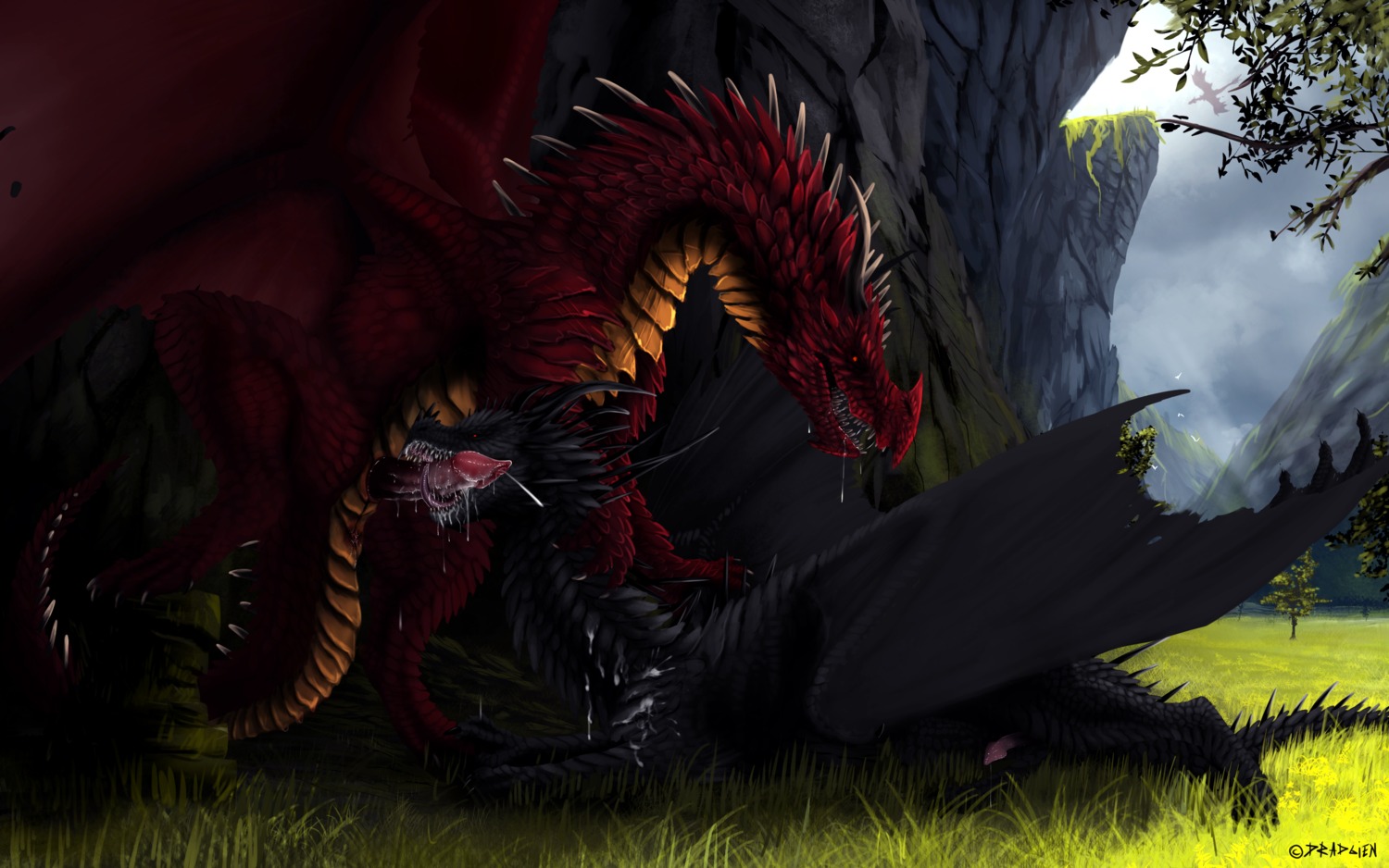 16:10 2013 anus black_body bodily_fluids conditional_dnp cum cum_in_mouth cum_inside cum_on_body cum_on_penis cumshot drad dradmon dragon drooling duo e621 ejaculation erection european_mythology fellatio feral feral_on_feral genital_fluids genitals grass hi_res horn licking male male/male male_penetrated male_penetrating male_penetrating_male membrane_(anatomy) membranous_wings mythological_creature mythological_scalie mythology nude oral orgasm outside penetration penile penis penis_lick plant red_eyes saliva scalie sex sharp_teeth sideways_oral spikes syntakkos tail teeth tongue tongue_out western_dragon widescreen wings