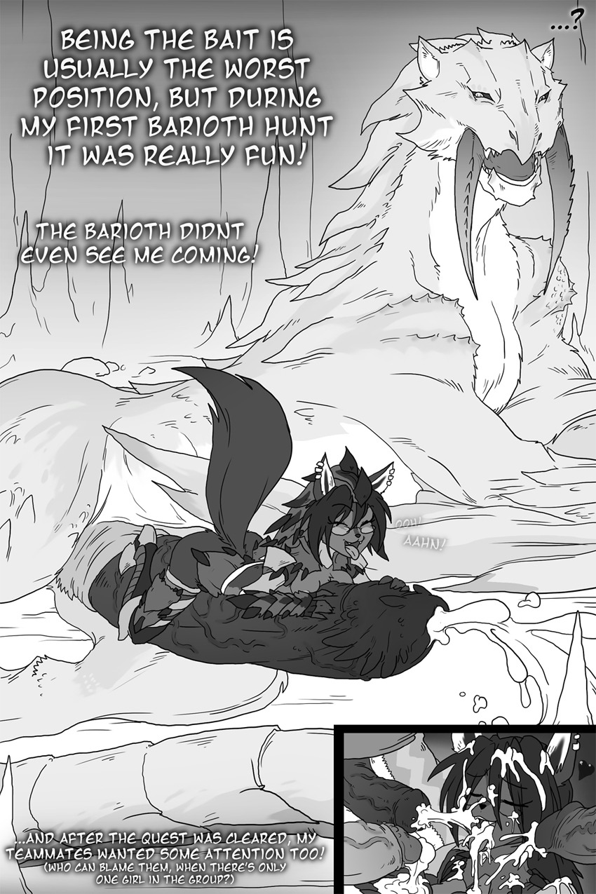 2:3 anthro barioth bodily_fluids breasts bukkake canid canine capcom casual_cocksleeve casual_sex cum cum_drip cum_in_mouth cum_inside cum_on_face cumshot diary_of_a_hunter dripping duo e621 ear_piercing ejaculation english_text erection eyes_closed eyewear female flying_wyvern fox genital_fluids genitals glasses group hair hi_res humanoid_genitalia humanoid_penis hyper macro male mammal monochrome monster monster_hunter multi_breast orgasm penile penis penis_riding piercing question_mark raised_tail rathalos_armor sex sherly_karu sparrow_(artist) tail text vein veiny_penis
