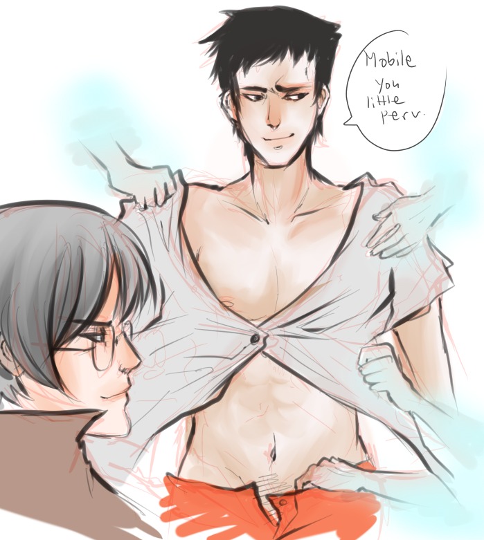 2boys black_hair disembodied_hands exposed_nipple glasses grey_hair male male_only mobile_(scott_pilgrim) nipple_peek open_pants open_shirt rule34 scott_pilgrim shirt_pull tagme undressing_another wallace_wells