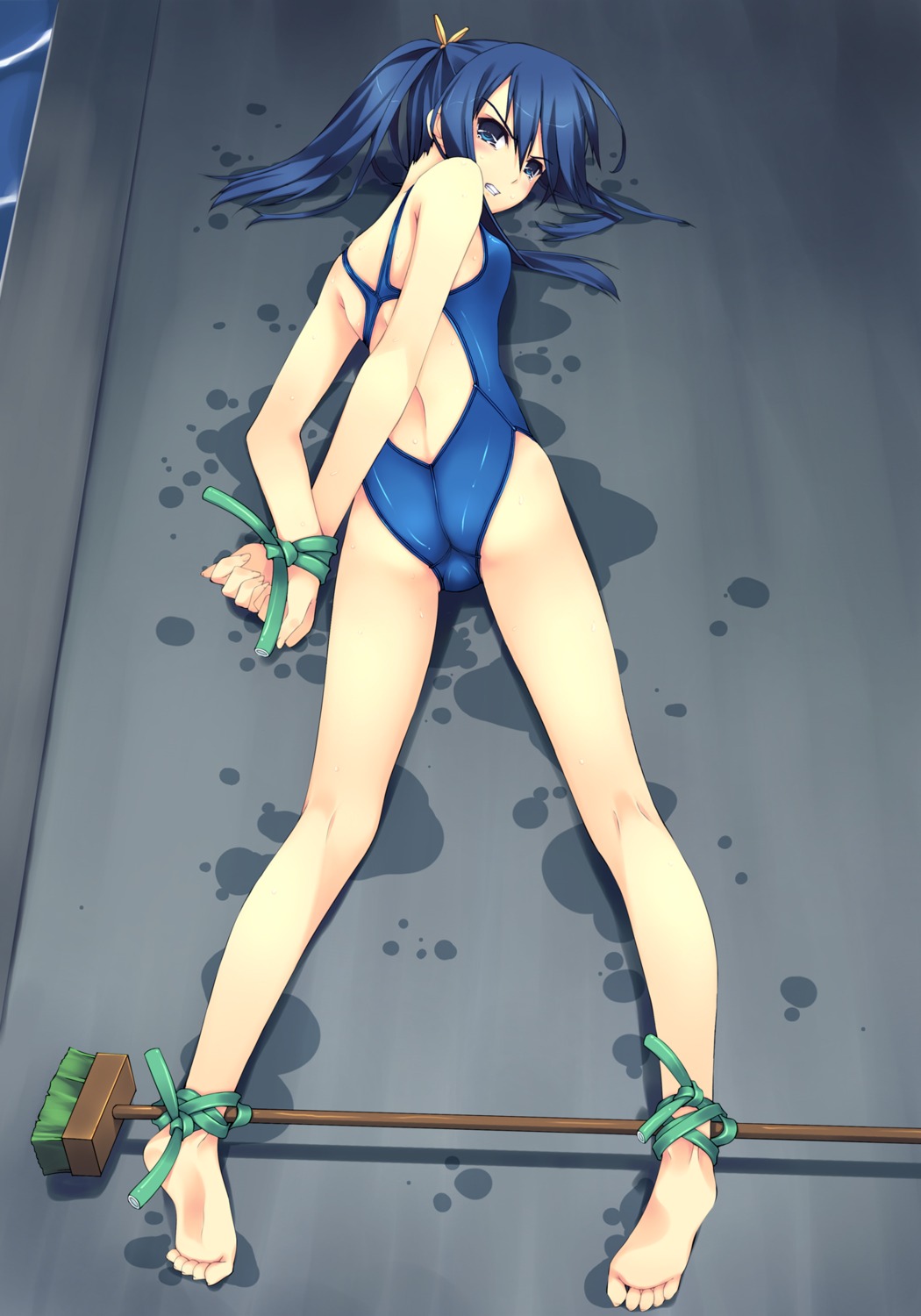 angry ass barefoot blue_eyes blue_hair bondage bound bound_wrists breasts color competition_swimsuit feet female grimace highres human imminent_rape kneepits leash legs long_legs looking_back lying medium_breasts mop murakami_suigun on_stomach one-piece_swimsuit ponytail rule34 small_breasts soles spreader_bar swimsuit tears tied_hair toes trefoil wet