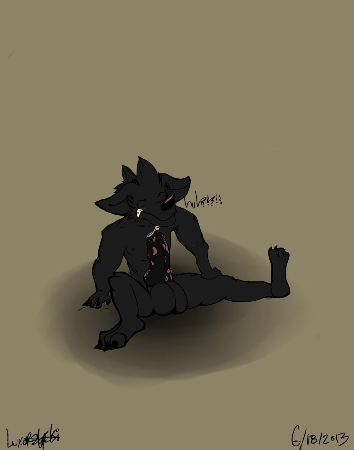 absurd_res anthro balls big_balls big_penis biped black_penis blush bodily_fluids canid canine e621 erection genital_fluids genitals growth hi_res luxor luxorslopski male mammal nude penis precum sitting solo spots spotted_genitalia spotted_penis