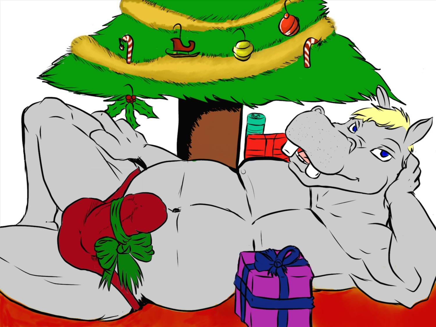 4:3 a_hippo_for_christmas accessory anthro balls big_penis bulge candy cane christmas clothed clothing common_hippopotamus damagefox dessert detailed_bulge e621 erection erection_under_clothing flat_colors food genital_outline genitals gift hi_res hippopotamid holidays humanoid_genitalia humanoid_penis male mammal penis penis_accessory penis_bow penis_outline penis_ribbon plant ribbons solo thong tight_clothing topless tree underwear