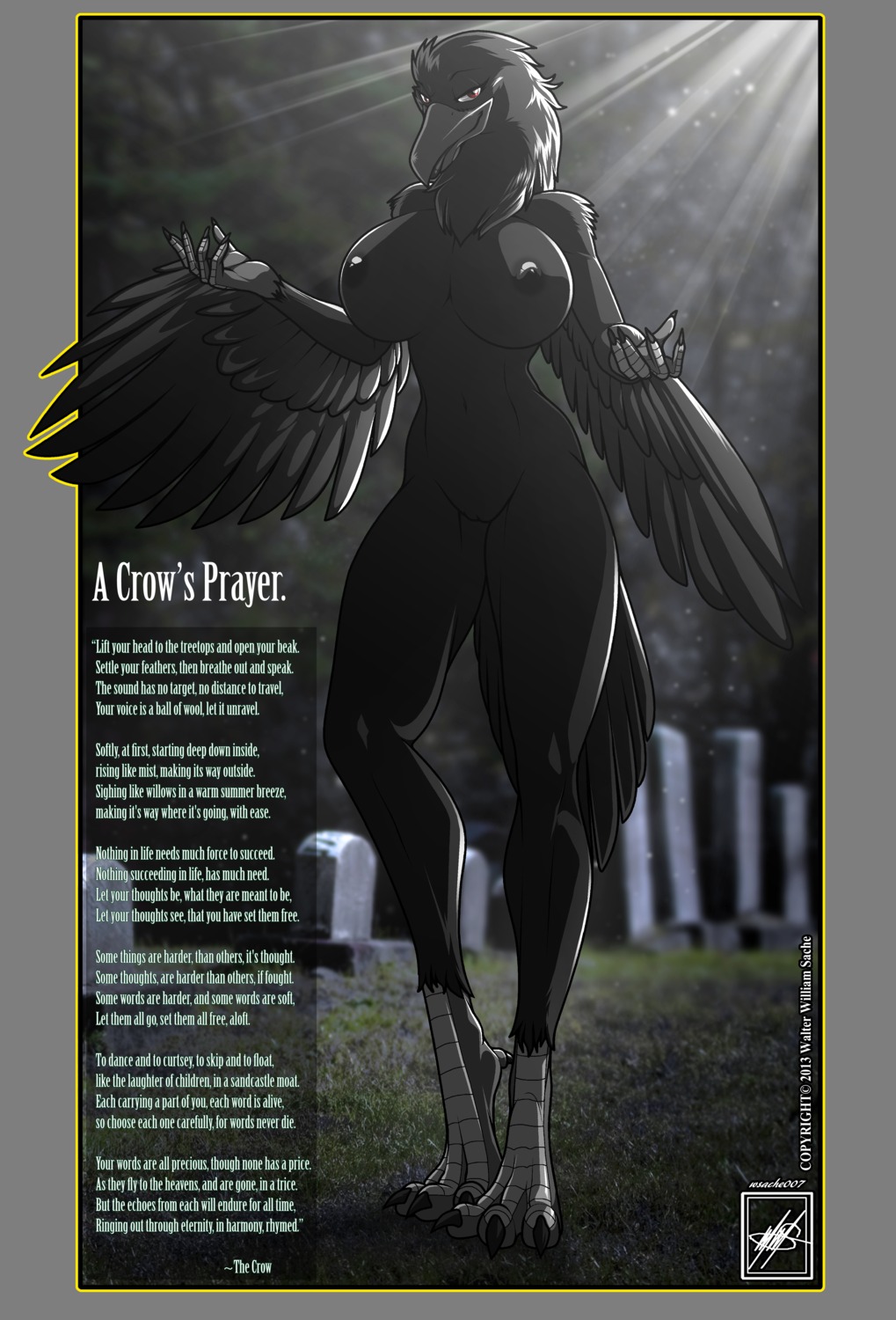 2012 2013 5_fingers absurd_res alpha_channel anthro areola avian beak beakstick bedroom_eyes big_breasts biped bird black_lipstick black_nipples breasts cemetery claws corvid corvus_(genus) crow dark_theme dated digital_media_(artwork) e621 english_text feathered_wings feathers feet female fingers front_view furgonomics genitals grass grey_beak half-closed_eyes hi_res lips lipstick looking_at_viewer makeup narrowed_eyes nipples non-mammal_breasts non-mammal_nipples nude oscine passerine pinup plant poetry pose presenting presenting_breasts presenting_vulva red_eyes seductive smile smiling_at_viewer solo standing talons text thick_bottom_lip toes vulva walter_sache winged_arms wings