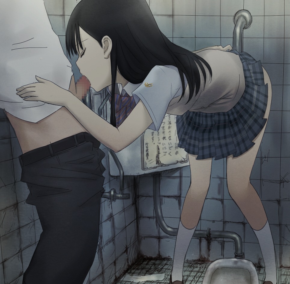 bathroom black_hair censored character_request closed_eyes clothed_sex clothing fellatio female kawanakajima long_hair male mosaic_censoring open_mouth oral original penis plaid plaid_skirt rule34 school_uniform skirt sweater_vest toilet
