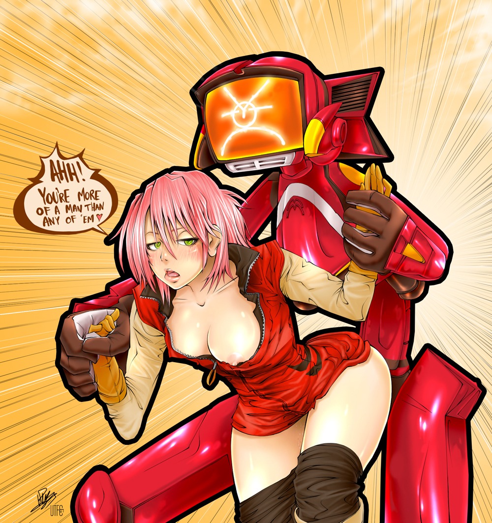2d 2d_(artwork) biker_clothes blush bottomless breasts canti cleavage doggy_style down_blouse dress english_text female flcl from_behind gloves green_eyes hand_holding hard_translated haruko_haruhara holding_hands lips machine male male/female monster nipple_slip nipples no_bra open_clothes open_mouth open_shirt pink_hair robot rule34 screen_face sex shirt short_hair speech_bubble straight text translated undressing unzipped uponthoufaircat wrist_grab zipper