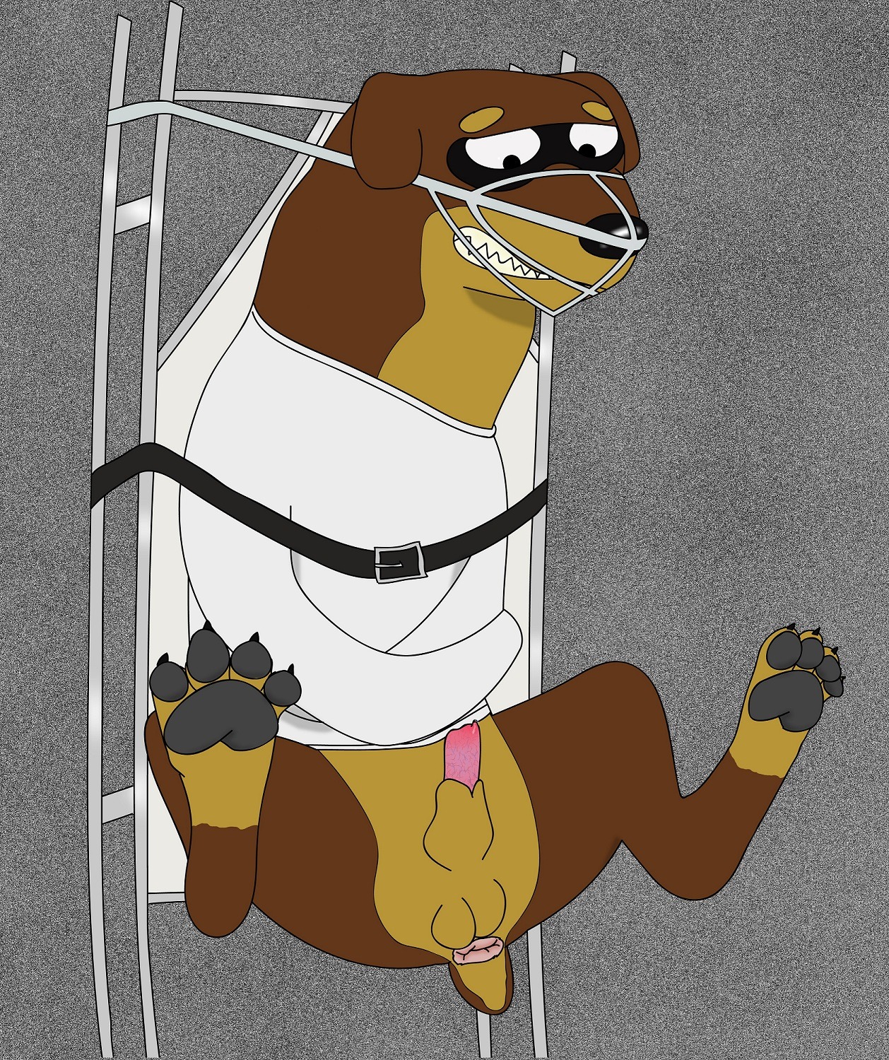 bottomless bound brown_fur canine clothes dog feral fur male male_only mammal muzzle_(road_rovers) road_rovers rule34 solo spread_legs straitjacket tagme