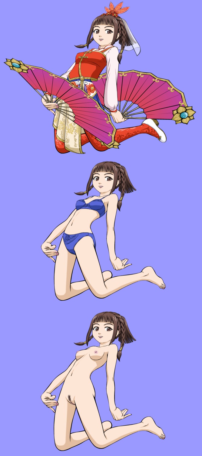 bra da_qiao dynasty_warriors fan female female_only highres human kneeling lingerie miniskirt nude panties pussy rule34 shin_sangoku_musou skirt solo uncensored underwear