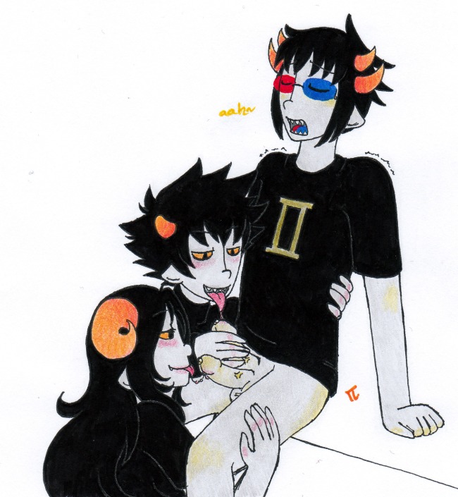 1girls 2boys aradia_megido black_hair blue_eyes blush clothing diphallia diphallism fellatio female forked_tongue gay grey_skin homestuck horns karkat_vantas long_hair male ms_paint_adventures multi_genitalia multi_penis open_mouth oral pandemoniumincarnate penis pointy_ears red_eyes rule34 sharp_teeth short_hair sollux_captor source_request straight text tongue tongue_out troll white_background yellow_eyes