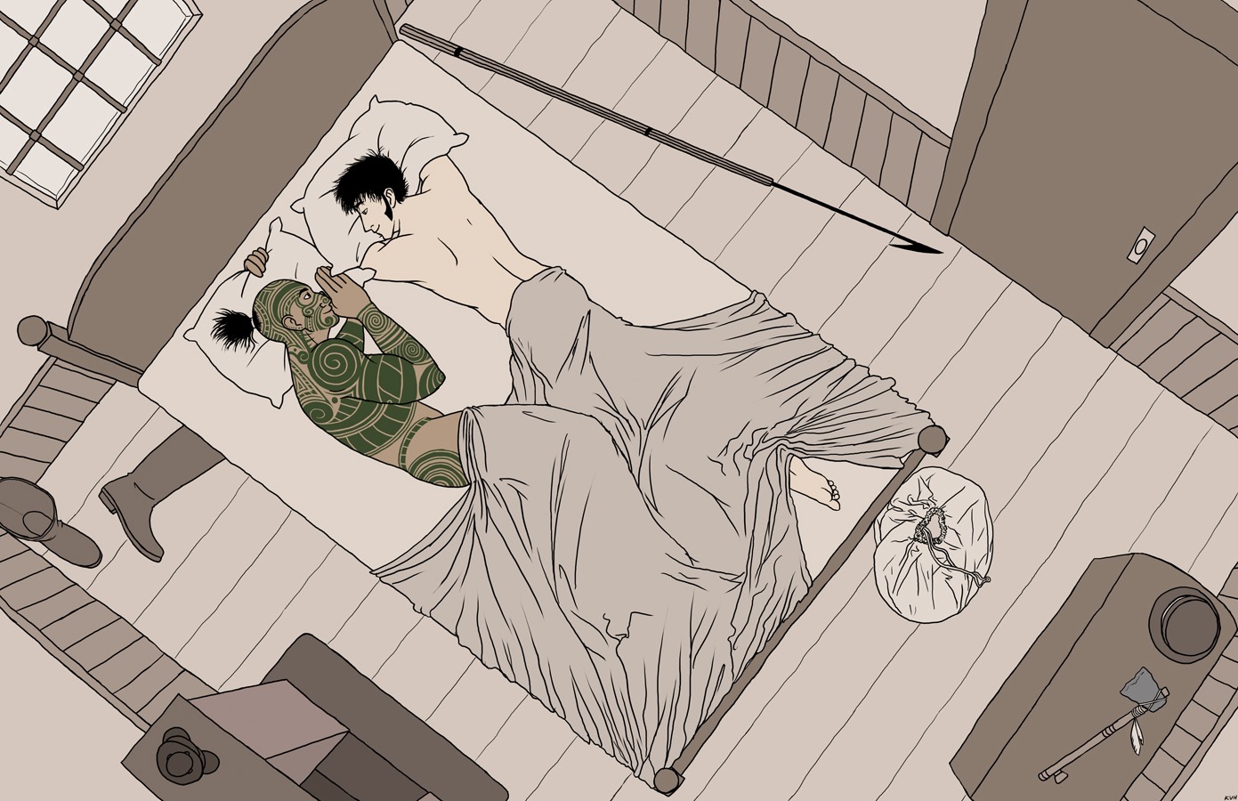 bed bird's-eye_view canon canon_couple canonical_scene dark-skinned_male dark_skin gay harpoon in_bed interracial ishmael literature loving_couple loving_gaze male moby_dick morning_after naked nude on_side on_stomach polynesian public_domain queequeg rule34 tagme tattoos wholesome