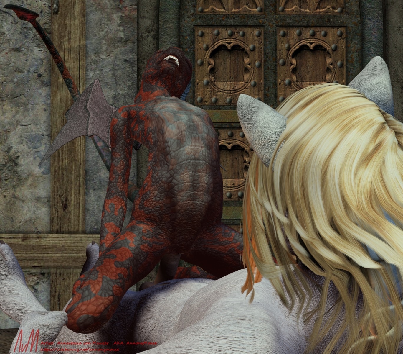 3d_(artwork) adolescent annonymouse anthro blonde_hair canid canine digital_media_(artwork) dragon duo e621 erection female flat_chested front_view frost_(annonymouse) genitals hair hi_res interspecies k'raai_(annonymouse) male male/female mammal membrane_(anatomy) membranous_wings mythological_canine mythological_creature mythological_scalie mythology nude penis scalie sex tail werecanid werecanine werecreature werewolf wings young young_anthro young_female