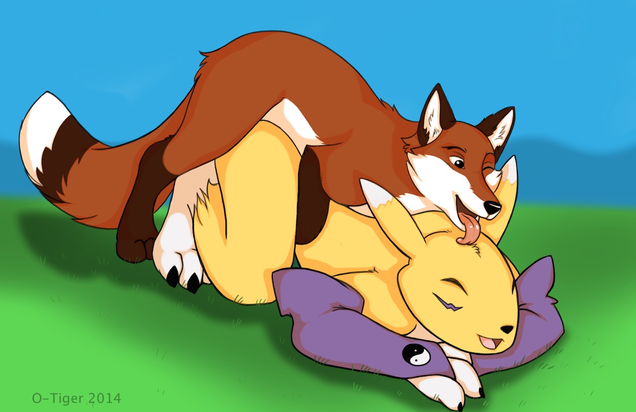 2014 all_fours ambiguous_gender anthro anthro_on_feral anthro_penetrated ass_up bandai_namco barefoot bestiality canid canine claws clothing digimon digimon_(species) doggystyle duo e621 eyes_closed feet feral feral_penetrating feral_penetrating_anthro fox from_behind_position fur gloves grass handwear happy interspecies licking long_ears looking_down lying male mammal nude o-tiger on_front on_ground one_eye_closed open_mouth outside penetration plant renamon sex smile toe_claws tongue tongue_out white_body white_fur yellow_body yellow_fur