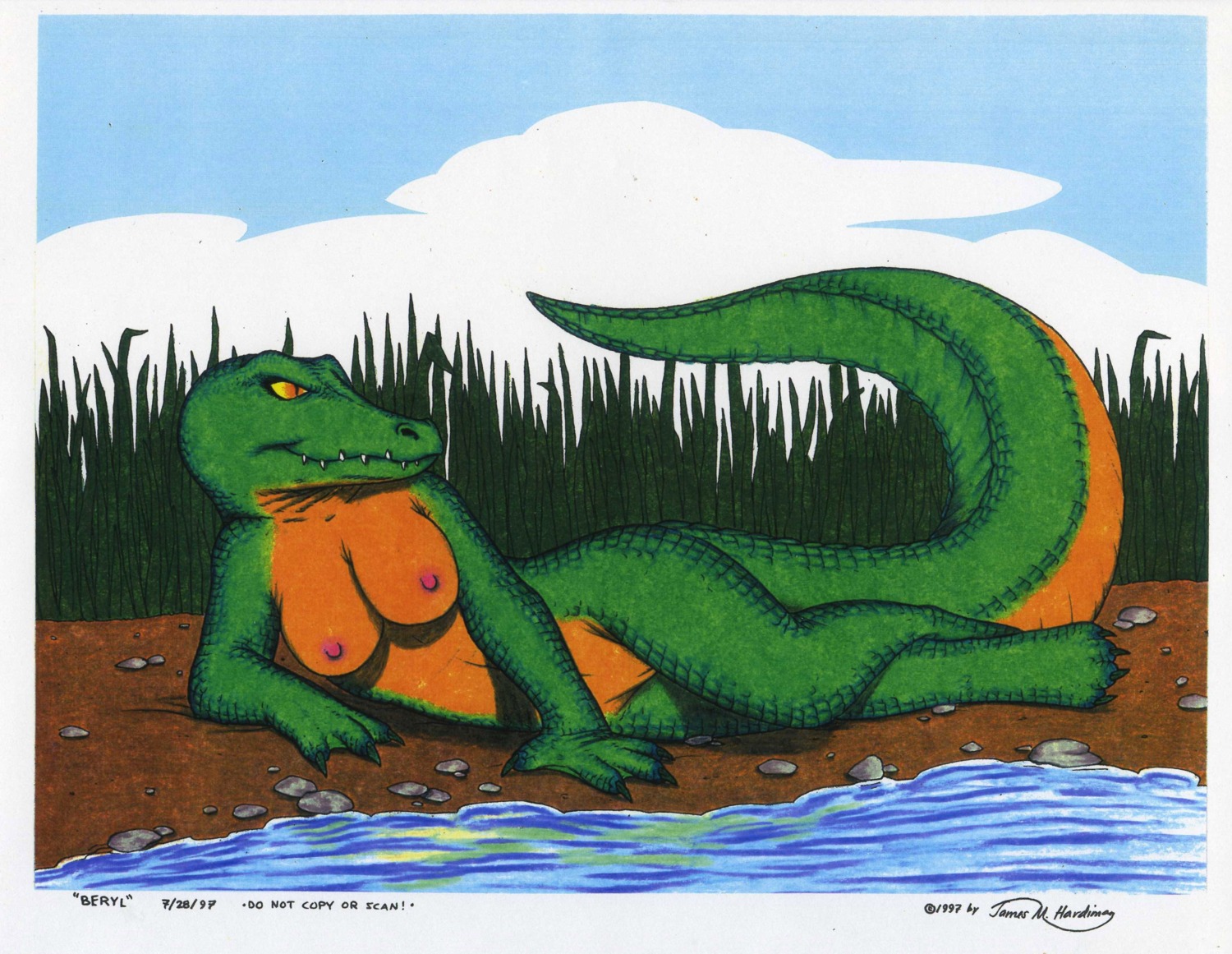 1997 4_toes absurd_res alligator alligatorid anthro beryl biped breasts claws copyright_symbol crocodilian e621 feet female genitals hi_res james_m_hardiman nipples non-mammal_breasts non-mammal_nipples nude pinup pose reptile scalie solo symbol tail toes vulva water