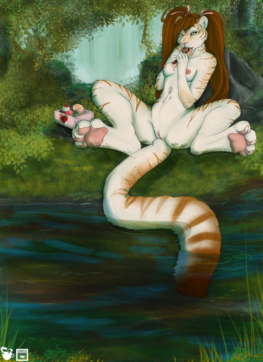 anthro breasts dessert detailed_background doughnut e621 eclair feet felid female food food_fetish forest genitals hi_res hindpaw mammal messy nature nipples nude outside pantherine pastry paws plant scenery solo spread_legs spreading stripes suggestive suggestive_food sweet.cream tail tiger tree vulva wood