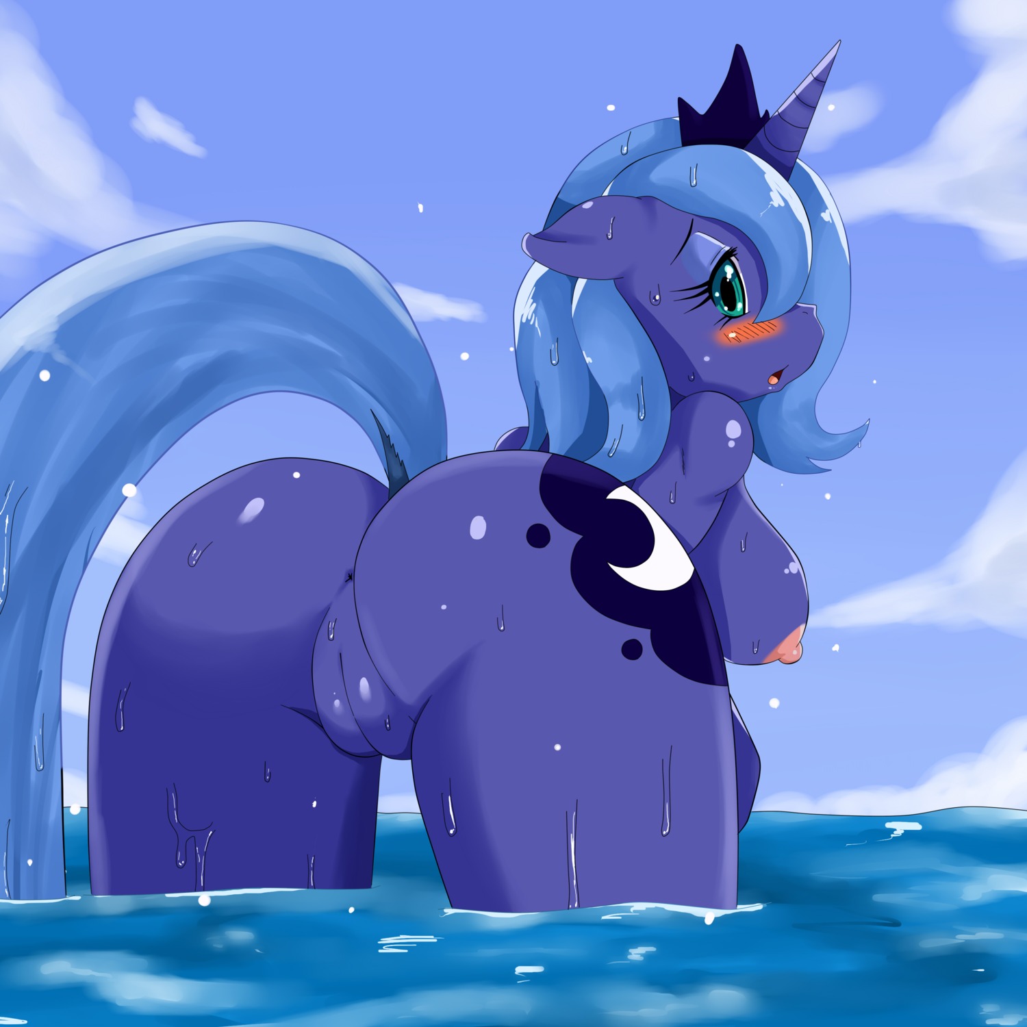 1:1 2011 absurd_res anthro anthrofied anus biped blue_body blue_fur blue_hair blush breasts butt crown digital_media_(artwork) dock_(anatomy) e621 equid equine female friendship_is_magic fur genitals hair hasbro headgear hi_res horn looking_at_viewer looking_back looking_back_at_viewer mammal my_little_pony mythological_creature mythological_equine mythology nipples nude open_mouth pink_nipples plump_labia princess_luna_(mlp) solo sssonic2 tail teal_eyes thick_thighs unicorn vulva water wet
