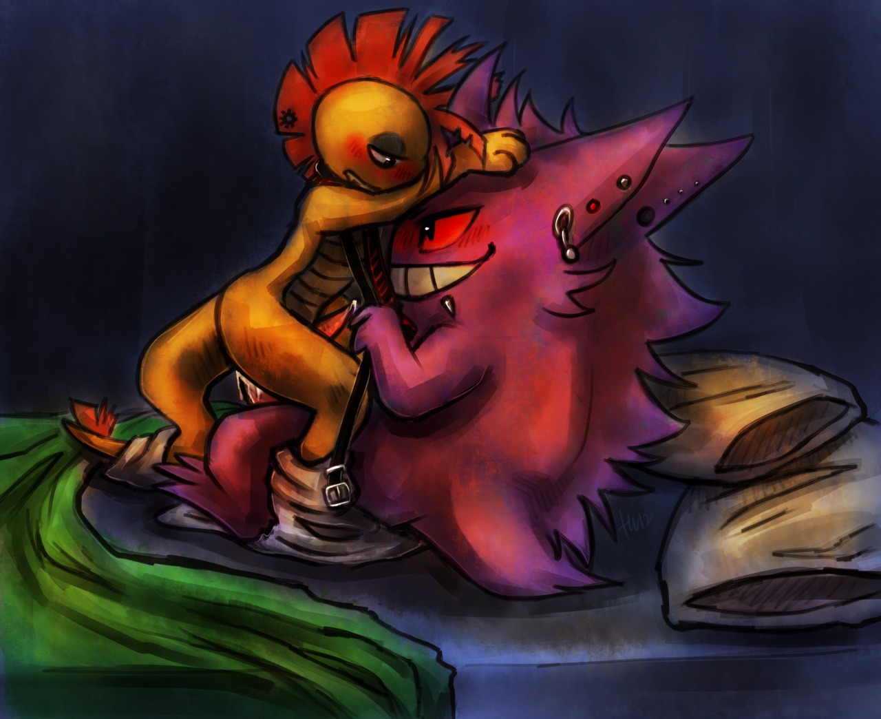 2012 anal anal_penetration anthro bed bedding belt blanket bodily_fluids cum cum_in_ass cum_inside digital_media_(artwork) duo e621 ear_piercing erection eye_contact facial_piercing furniture generation_1_pokemon generation_5_pokemon gengar genital_fluids genitals haychel lip_piercing looking_at_another male male/male male_penetrated male_penetrating male_penetrating_male nintendo nude penetration penis piercing pillow pokemon pokemon_(species) precum red_eyes scrafty sex tail