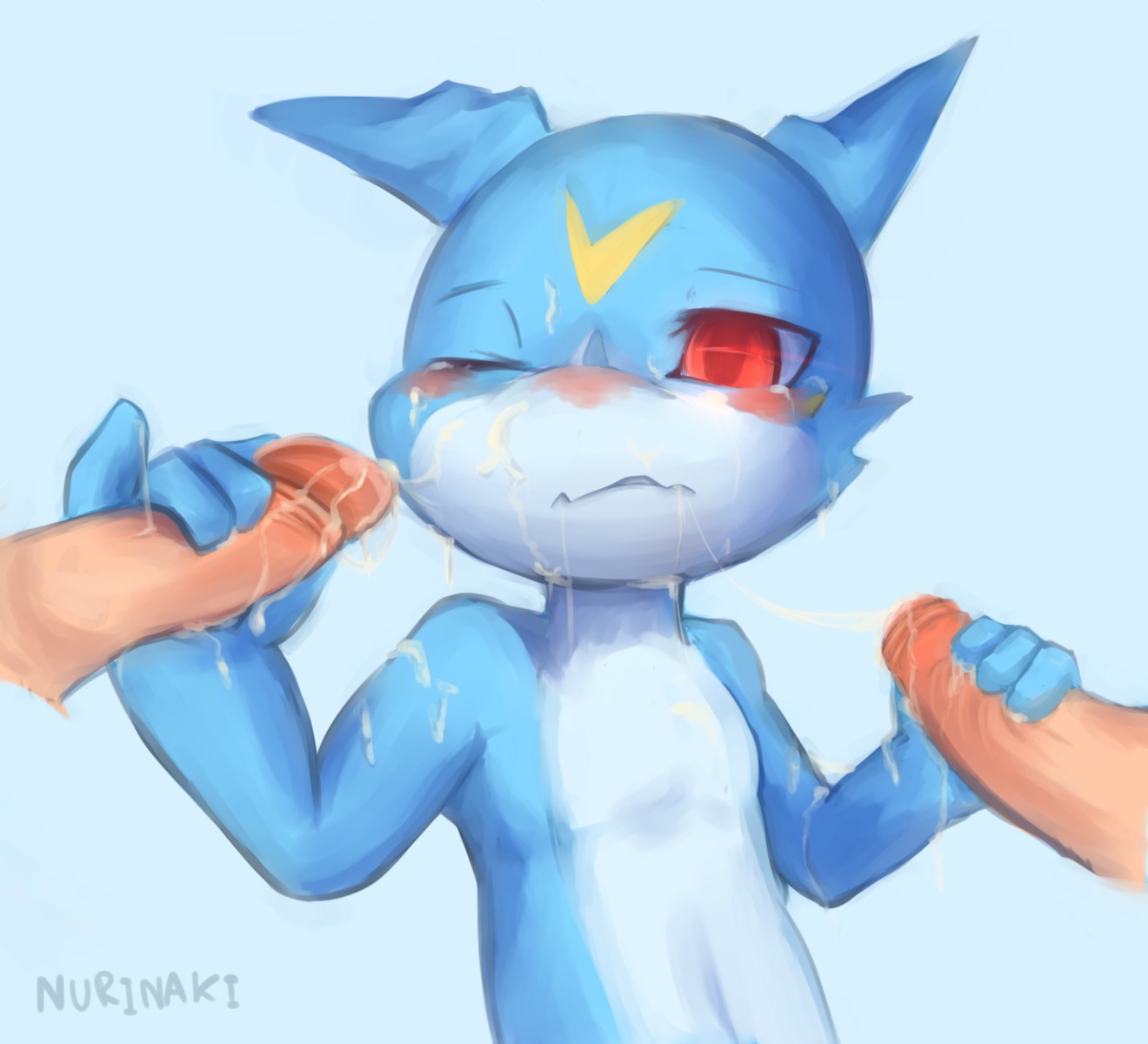 2014 after_orgasm ambiguous_gender anthro bald bandai_namco blue_body blue_skin blush bodily_fluids cum cum_on_face digimon digimon_(species) disembodied_penis double_handjob dragon e621 erection eyelashes foreskin genital_fluids genitals group group_sex handjob hi_res holding_penis humanoid_genitalia humanoid_penis male messy mythological_creature mythological_scalie mythology nude nurinaki one_eye_closed orgasm penile penis retracted_foreskin scalie sex sharp_teeth solo_focus teeth threesome trio veemon young young_anthro