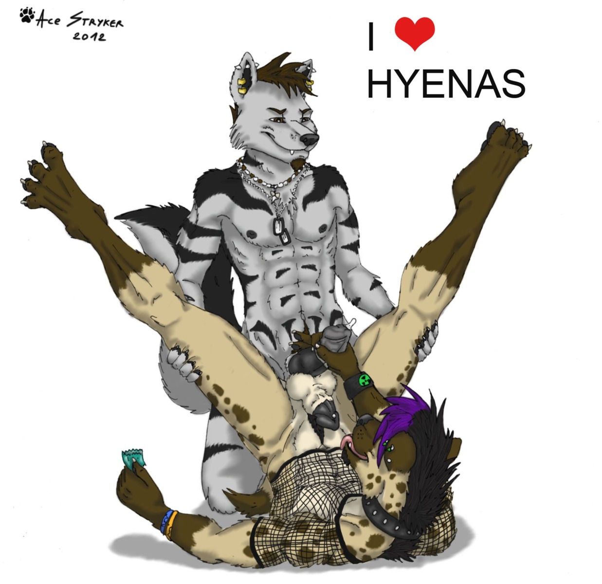 2012 abs ace_stryker animal_genitalia anthro balls beard black_nipples black_penis bottomless brown_hair canid canine canis clothed clothing collar condom dog_tags duo e621 ear_piercing erection facial_hair fishnet_clothing fishnet_topwear fluffy fluffy_tail frenum_piercing genital_piercing genitals hair handjob heart_symbol hi_res hyena male male/male mammal muscular muscular_male nipples nude penile penis penis_piercing penis_tip piercing sex sexual_barrier_device sheath spotted_hyena spread_legs spreading tail tongue tongue_out topwear wearing_condom wolf
