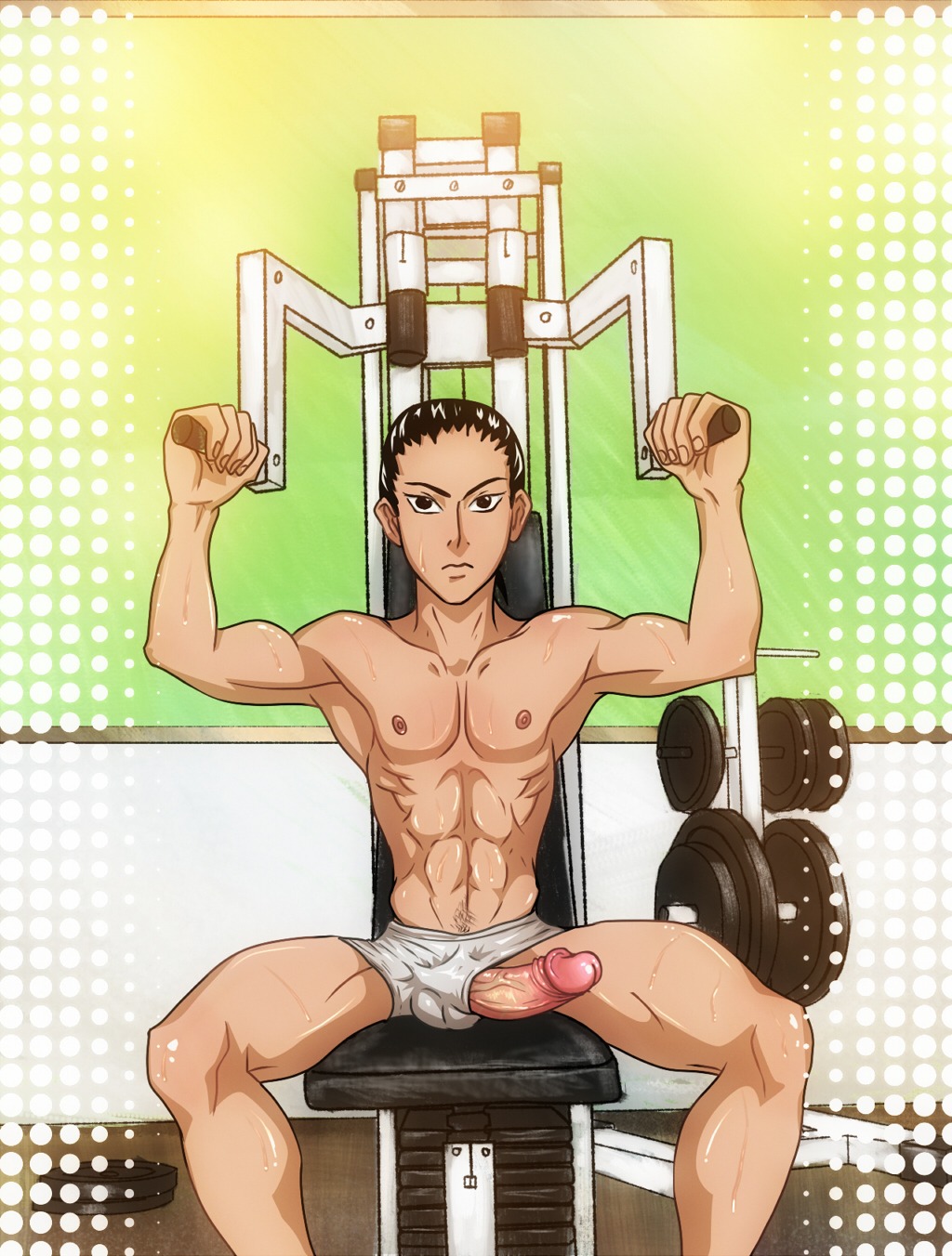 1boy anma chang_wufei erection foreskin fully_retracted_foreskin gundam gym male male_only penis retracted_foreskin rule34 solo uncircumcised underwear underwear_aside underwear_only weightlifting