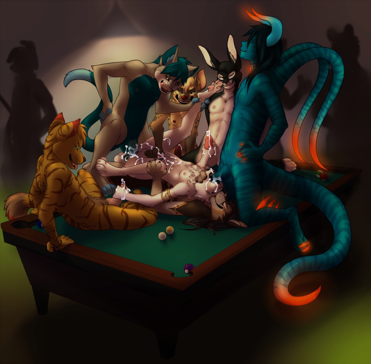 abs anal anal_penetration anthro armlet balls biceps billiard_table bodily_fluids cum cum_in_ass cum_in_mouth cum_inside cum_on_hand cum_on_self cum_while_penetrated double_anal double_handjob double_penetration e621 erection eyes_closed felid fellatio furniture gangbang genital_fluids genitals group group_sex handjob hi_res hyena kneeling lagomorph leg_grab leporid male male/male male_penetrated male_penetrating male_penetrating_male mammal messy muscular nude on_table oral oral_penetration pecs penetration penile penis rabbit reclining selinis sex sitting spitroast spotted_hyena spread_legs spreading table