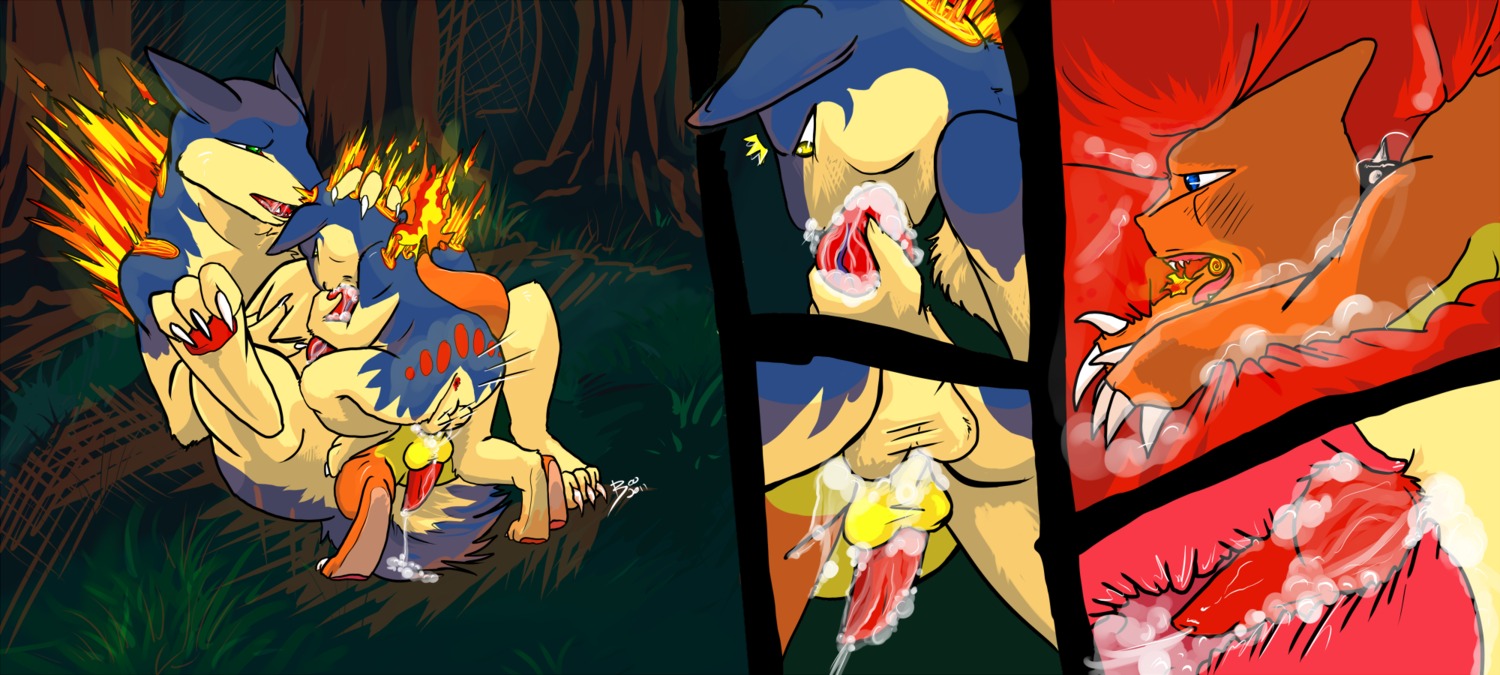 anal_vore charem charmeleon color fairytails fire forest fur furry furry_only gay interspecies male male_only multiple_males nintendo nude outdoors pokemon pokemon_(species) quilava rule34 tail tail_fire typhlosion vore yaoi