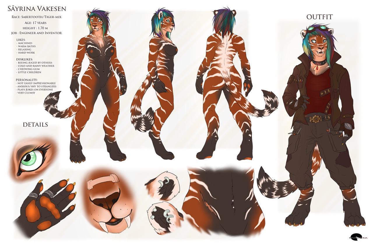anthro belly belt biped black_belly black_body black_fur bottomwear breasts brown_body brown_fur brown_nose brown_pawpads butt character_name clothed clothing collar e621 ear_piercing english_text fangs felid female fur genitals gloves green_eyes hair handwear jacket leather looking_at_viewer mammal model_sheet multicolored_hair navel nipples nude pantherine pants pawpads piercing prehistoric_species ring saber-toothed_tiger sabertooth_(anatomy) sayrina_vakesen shalinka shirt side_view simple_background solo standing stripes tail teeth text tiger topwear turnaround vulva white_background white_body white_fur white_stripes