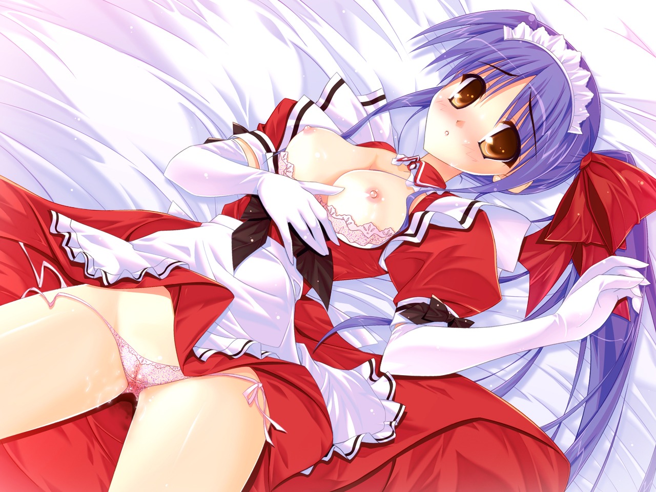 bed blush bra bra_pull breasts cameltoe dress elbow_gloves female game_cg gloves idol_revolution inagaki_miiko lying maid nipples orange_eyes panties pink_bra pink_panties purple_eyes pussy pussy_juice rule34 see-through serizawa_ayano side-tie_panties side_ponytail string_panties underwear undressing wet_panties