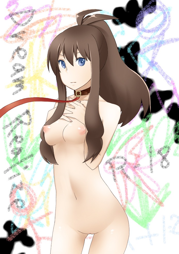 bad_id belt_collar blue_eyes breasts brown_hair collar covering dav female female_only hilda_(pokemon) human human_only leash long_hair looking_at_viewer nintendo nipples nude pokemon pokemon_bw ponytail puffy_nipples pussy rule34 sexual_objectification solo tied_hair uncensored
