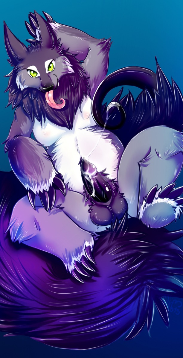 2013 anthro balls bodily_fluids chest_tuft claws cum cum_on_penis cum_on_tail cum_string e621 erection feral fluffy fur genital_fluids genitals green_eyes hi_res inuki looking_at_viewer male monster penis purple_theme restricted_palette solo tail toe_claws tongue tongue_out tuft