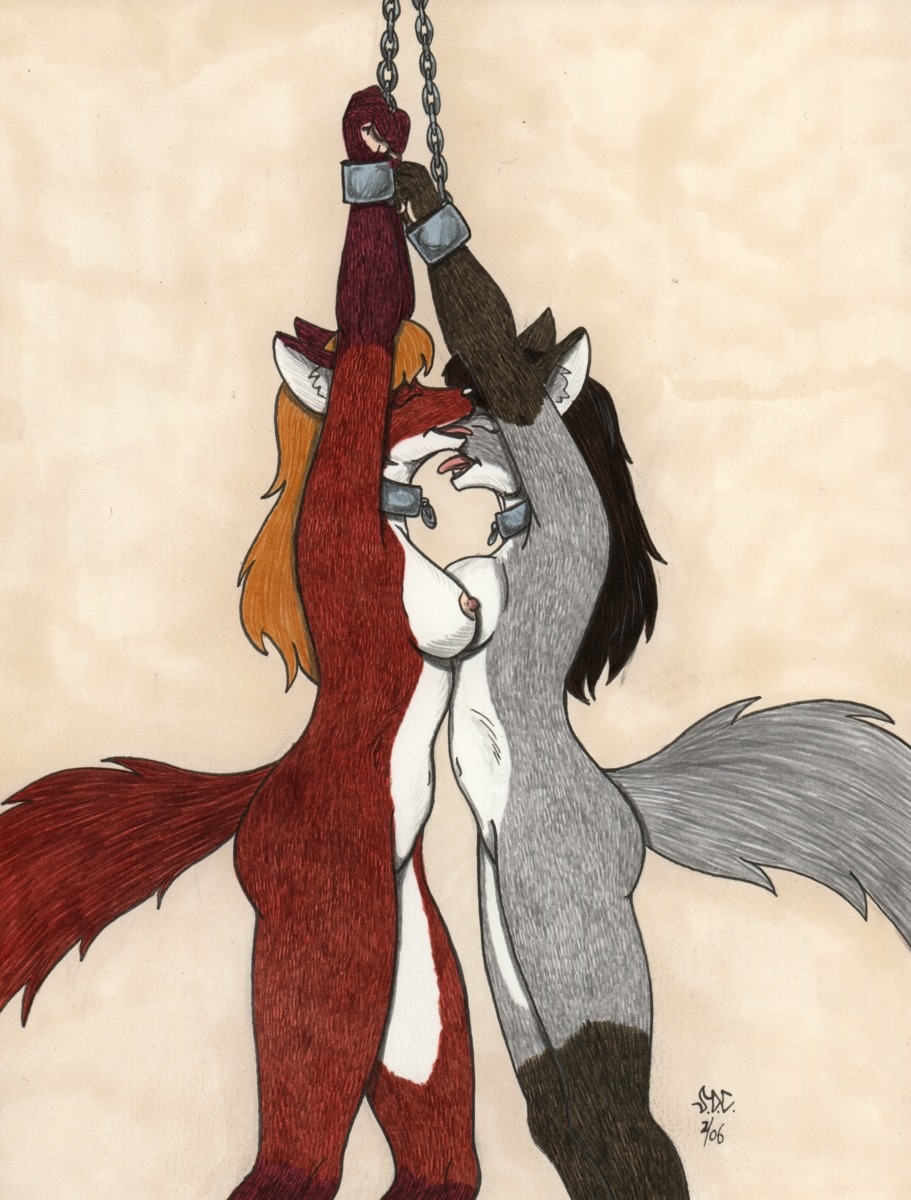 2006 anthro arms_above_head bondage breasts canine chains closed_eyes collar female fox fur furry ironbadger licking nude rule34 sex sideboob tongue yuri