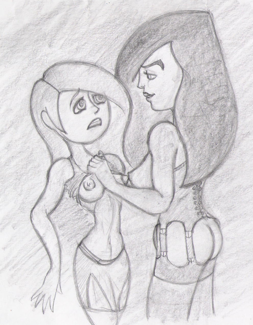 disney female female_only human kim_possible kimberly_ann_possible monochrome multiple_females nipples rule34 shego straight_hair tagme yuri