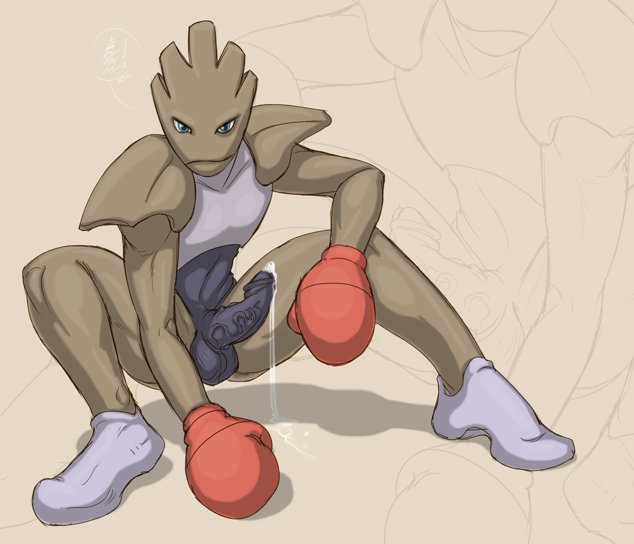 balls blue_eyes bodily_fluids crouching cum dripping e621 erection fydbac generation_1_pokemon genital_fluids genitals hitmonchan humanoid humanoid_genitalia humanoid_penis looking_at_viewer male nintendo nude penis pokemon pokemon_(species) solo vein veiny_penis yellowpower