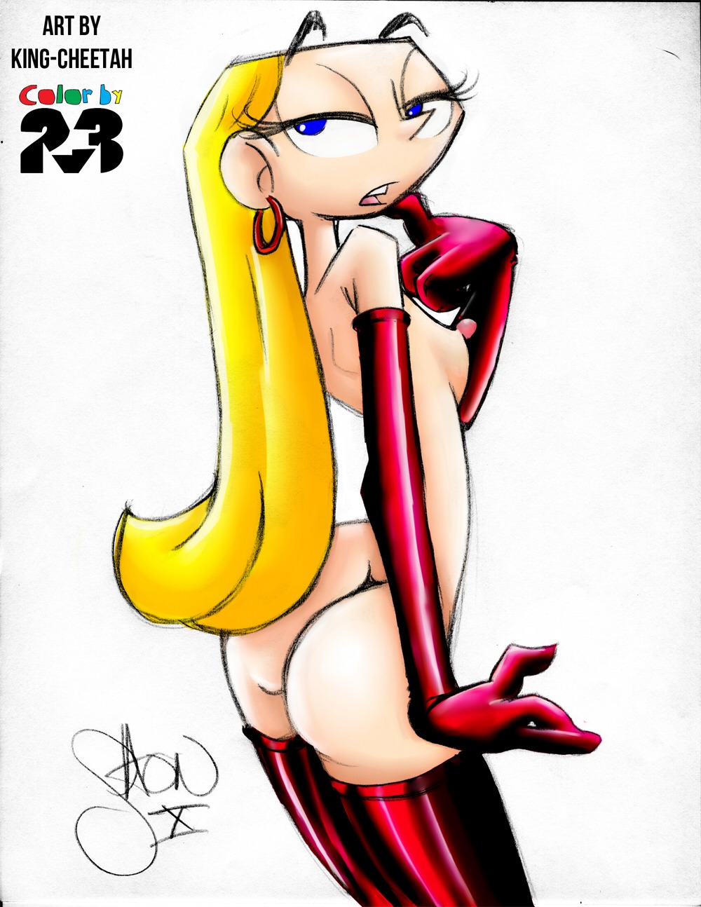 2010 areola artist_signature ass blonde_hair blue_eyes breasts cartoon_network colored dee_dee_(dexter's_laboratory) dexter's_laboratory erect_nipples female female_only gloves hoop_earrings human hyper_eyes king-cheetah long_hair looking_at_viewer nipples nudity partially_clothed rule34 shon_howell solo suggestive_look thighhighs