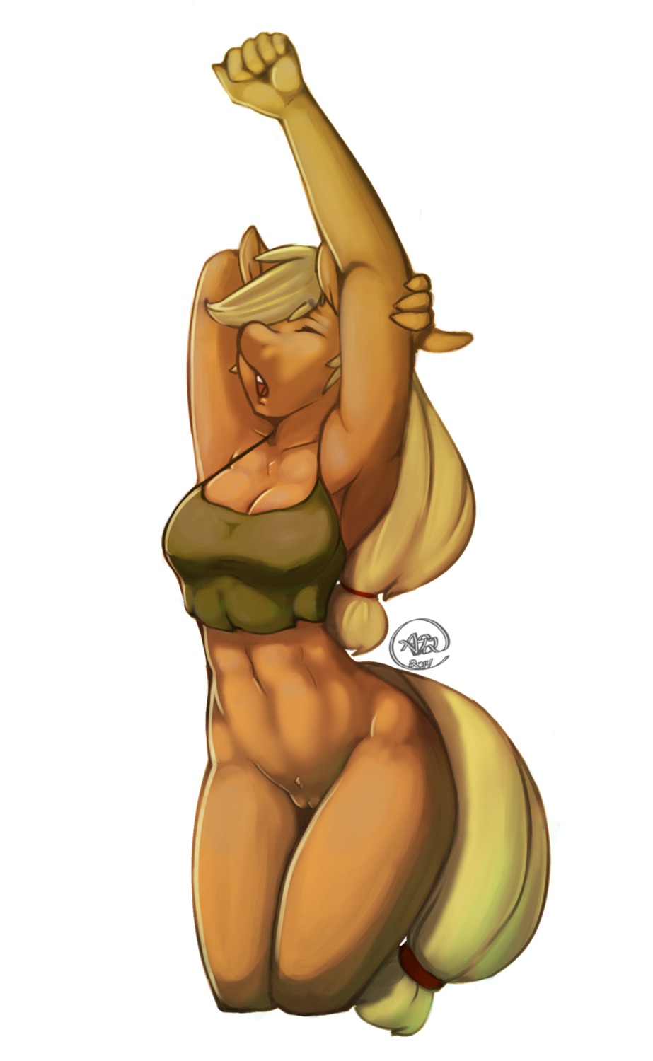 abs anthro anthrofied applejack_(mlp) avante92 blonde_hair bottomless breasts cleavage clothed clothing e621 earth_pony equid equine female freckles friendship_is_magic fur genitals hair hasbro hi_res horse mammal my_little_pony orange_body orange_fur pony simple_background solo stretching vulva waking_up
