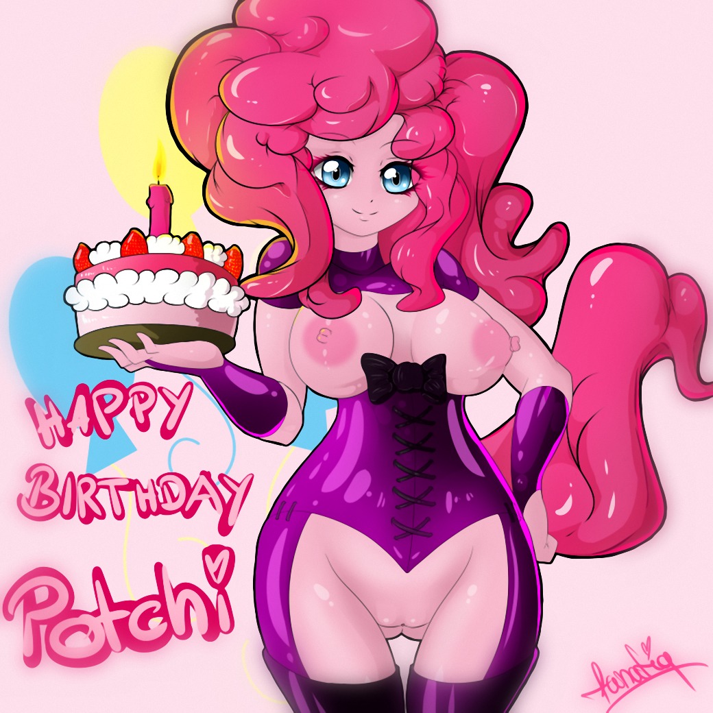 1:1 2014 anthro anthrofied big_breasts birthday_cake blue_eyes breasts cake candle clothing dessert e621 earth_pony english_text equid equine fanatiq female food friendship_is_magic fur genitals hair hasbro horse looking_at_viewer mammal my_little_pony nipples pink_body pink_fur pink_hair pinkie_pie_(mlp) pony smile solo text vulva