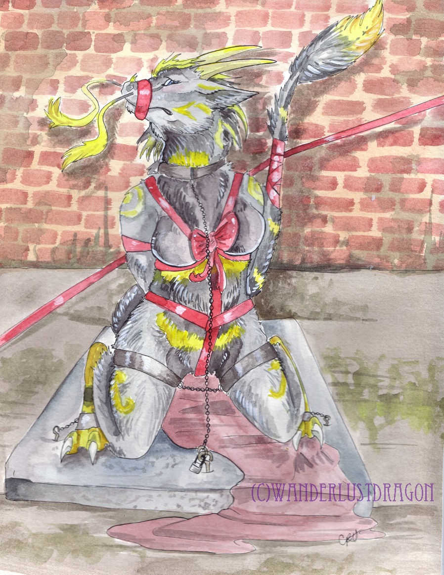 anthro biped blue_eyes bound breasts chain collar dragon e621 english_text featureless_breasts female fur furred_dragon furred_scalie kneeling mythological_creature mythological_scalie mythology non-mammal_breasts nude outside ribbons scalie solo submissive submissive_female tail text wanderlustdragon