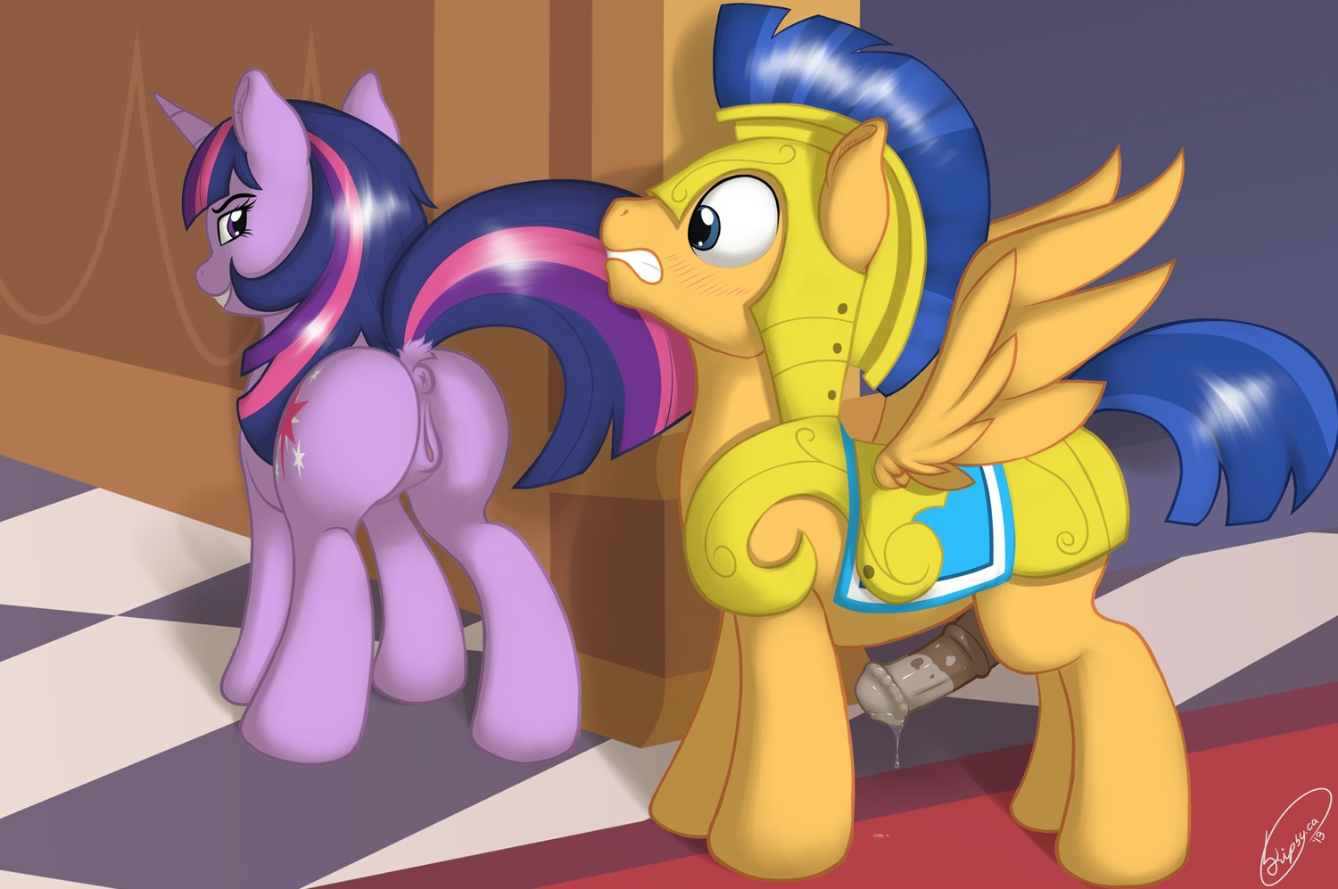 anatomically_correct animal_genitalia animal_penis anus armor blue_eyes blush bodily_fluids dock_(anatomy) duo e621 equid equine equine_genitalia equine_penis erection feathered_wings feathers female feral flash_sentry_(mlp) friendship_is_magic fur genital_fluids genitals hair hasbro hi_res horn horse_tail male mammal multicolored_hair my_little_pony mythological_creature mythological_equine mythology pegasus penis precum presenting purple_body purple_eyes purple_fur purple_hair skipsy tail third-party_edit twilight_sparkle_(mlp) two_tone_hair unicorn vulva wing_boner wings