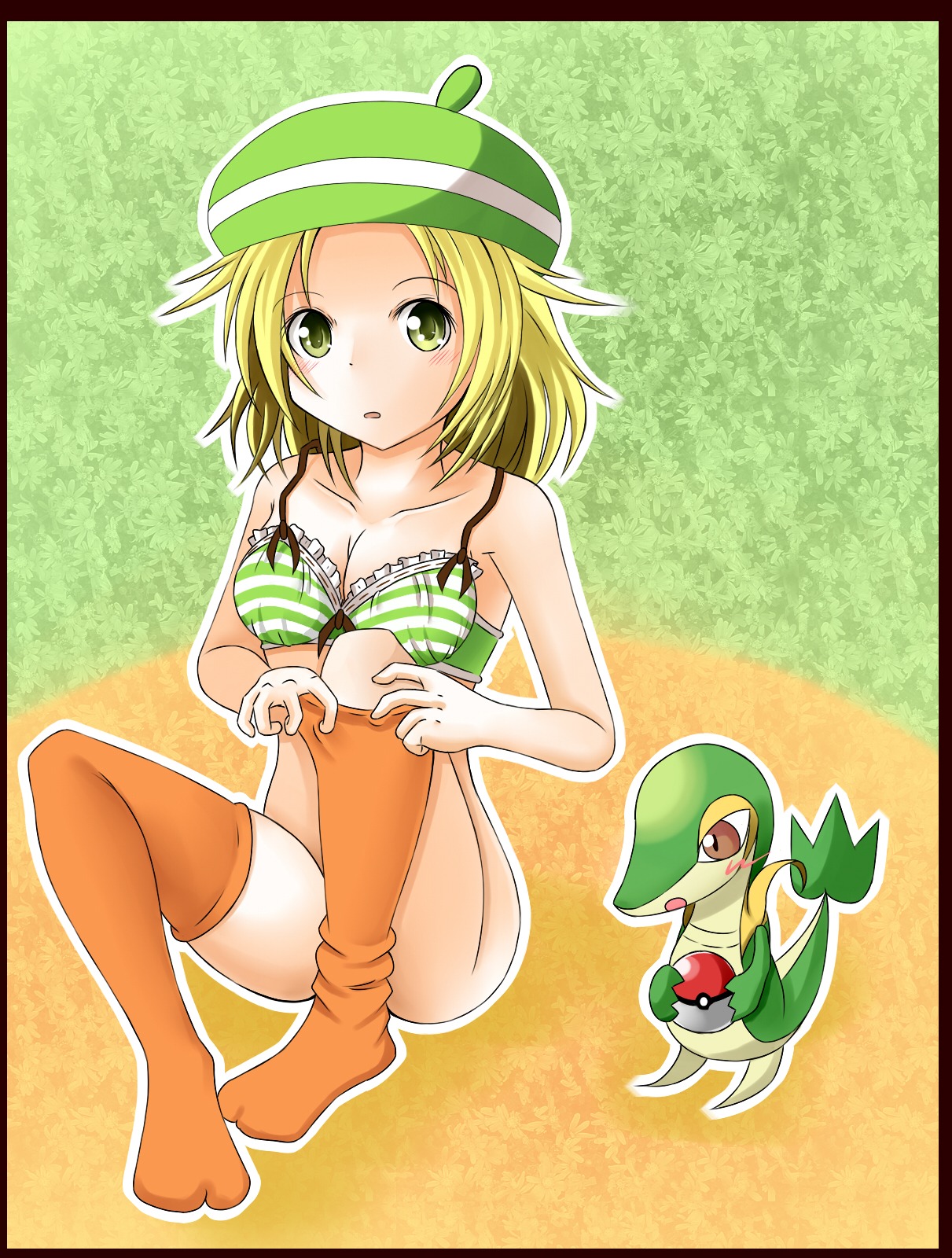 ambiguous_gender bianca_(pokemon) blush clothes color female front_view hat nintendo no_shoes poke_ball pokemon pokemon_(species) pokemon_bw rule34 sitting snivy tagme thighhighs unknown_gender
